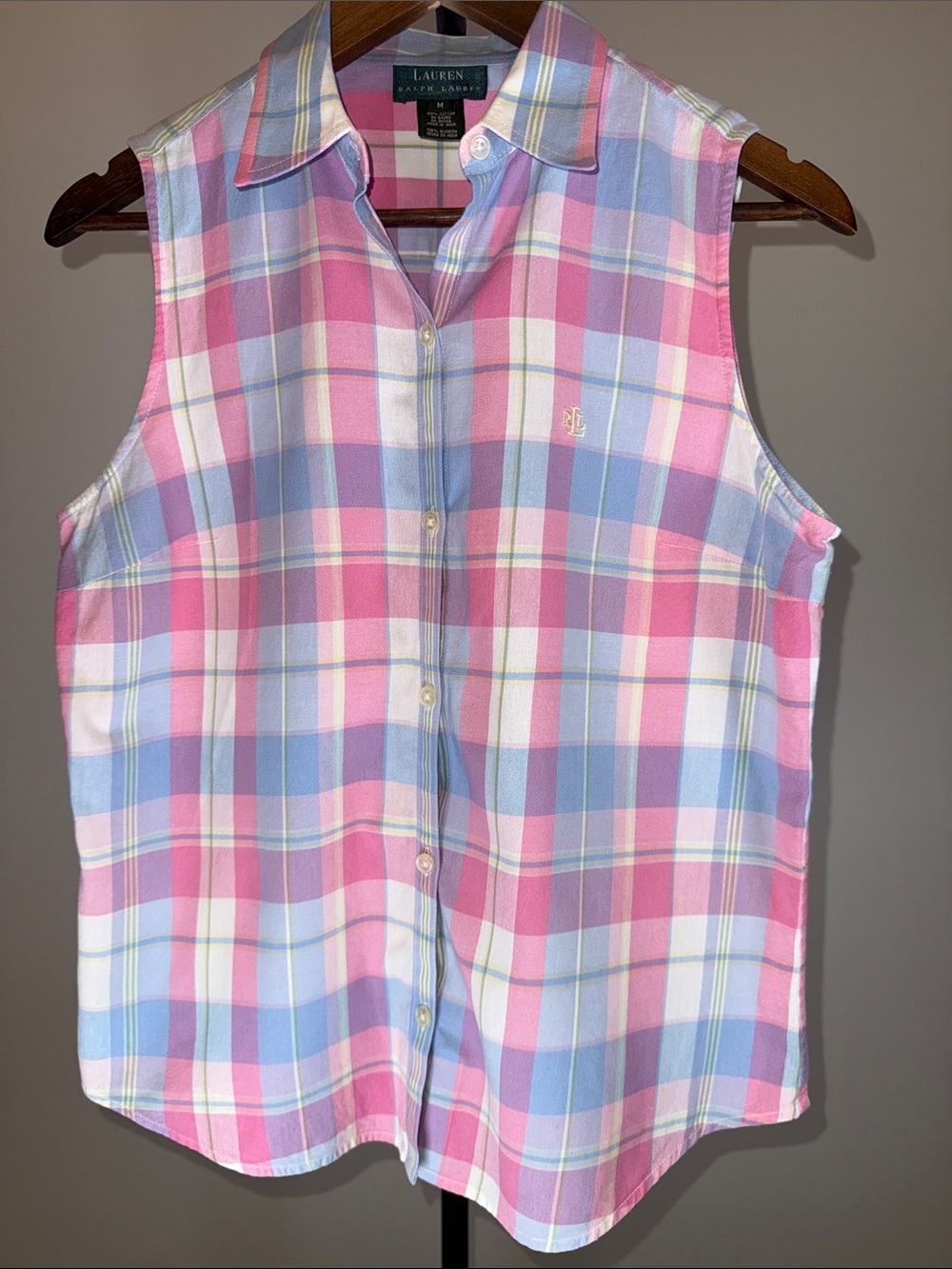 Lauren Ralph Lauren Vintage Pastel Madras Plaid Sleeveless Button Down Shirt M